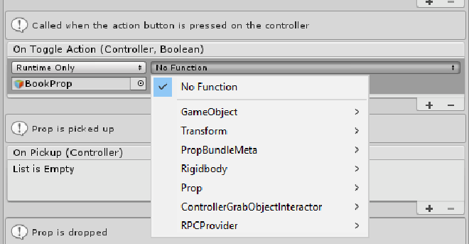 A Unity Event called &ldquo;OnToggleAction&rdquo; that provides a Controller and Boolean when activated